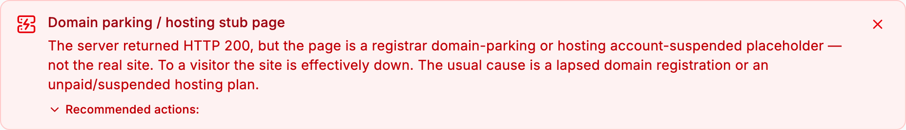PingZen monitor banner explaining that the page is a registrar domain-parking or hosting account-suspended placeholder, with recommended actions