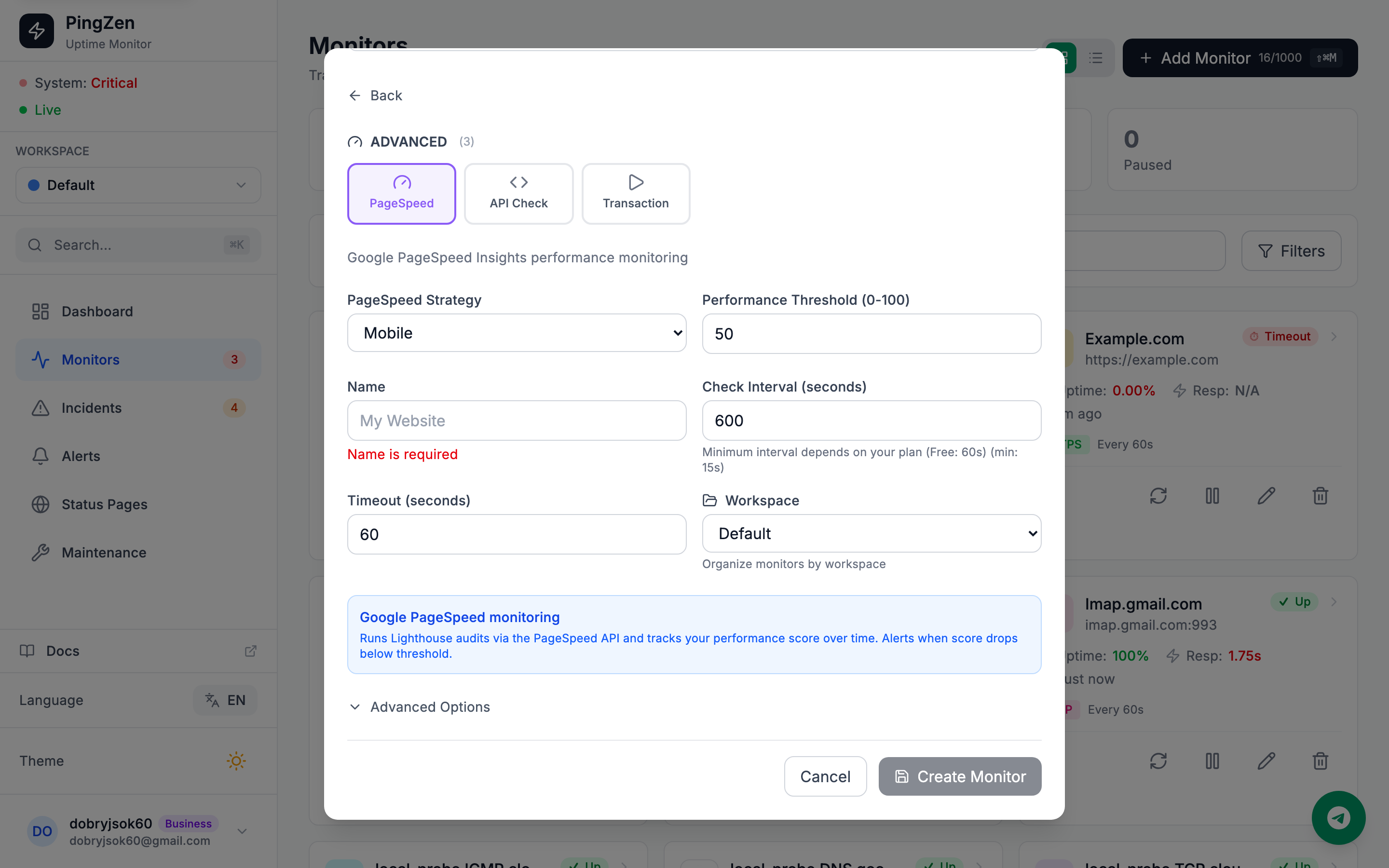 Create Monitor with PageSpeed selected: URL, mobile/desktop strategy, category toggles