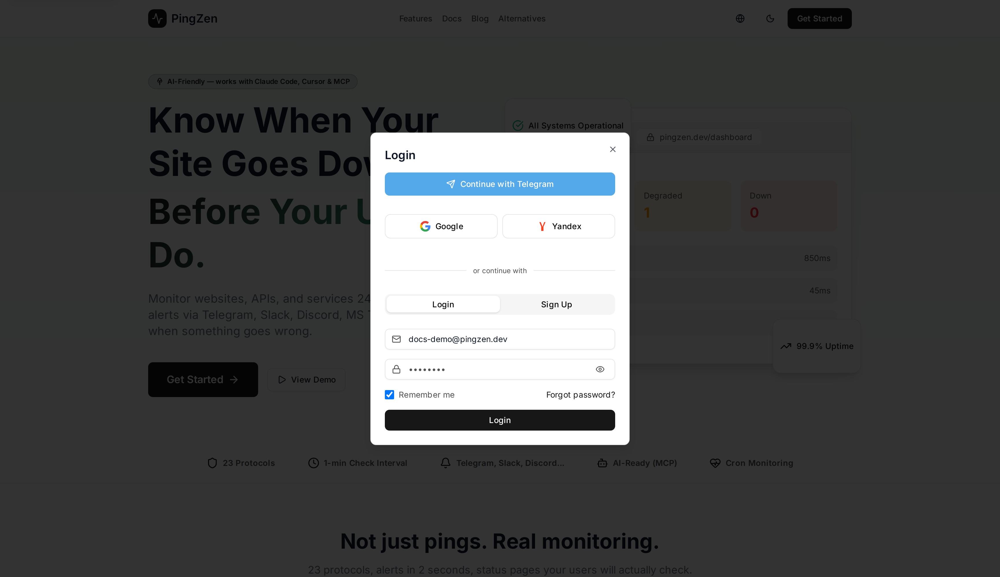 PingZen login modal with Telegram and email options
