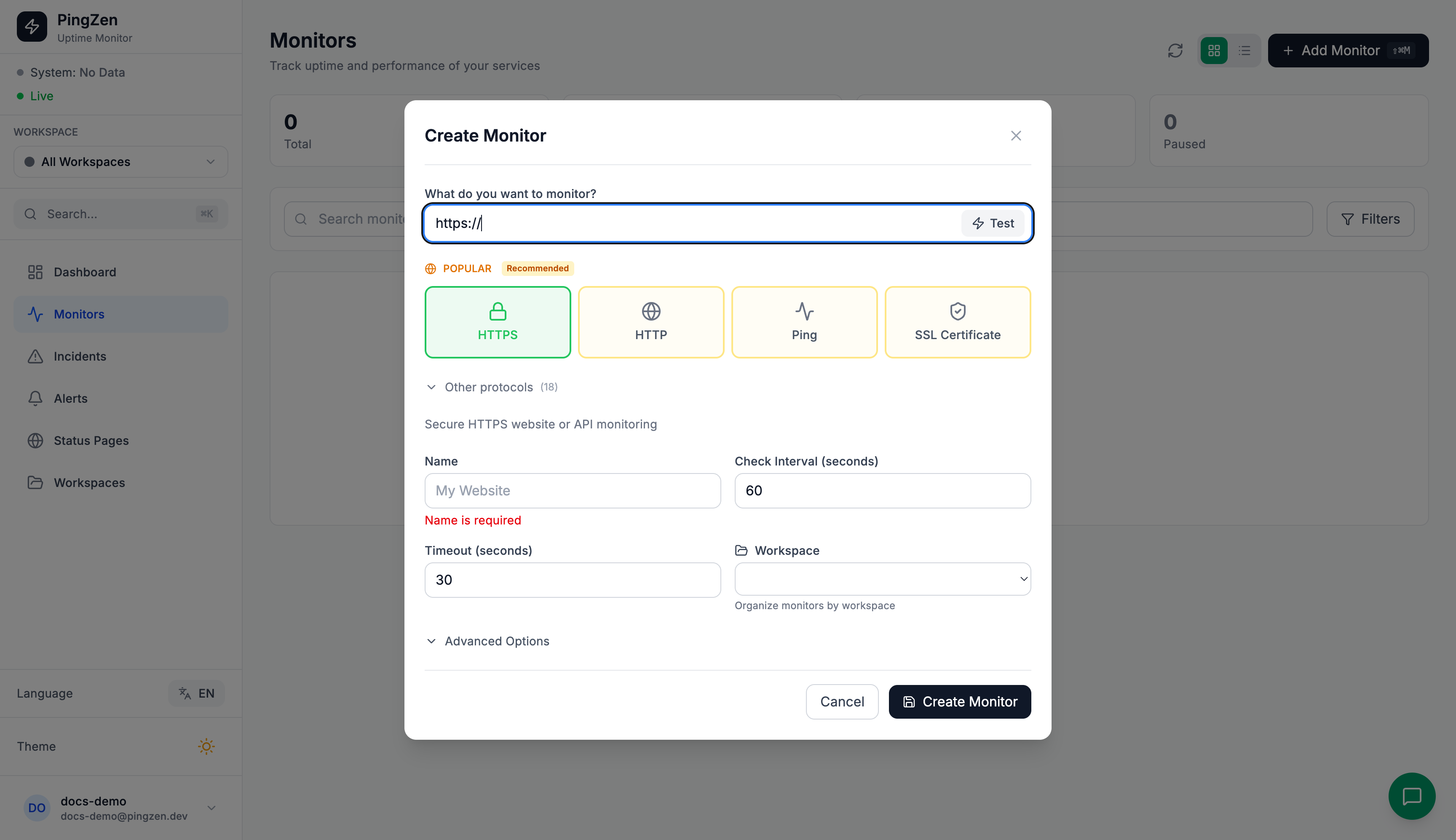 Add Monitor form with protocol selection