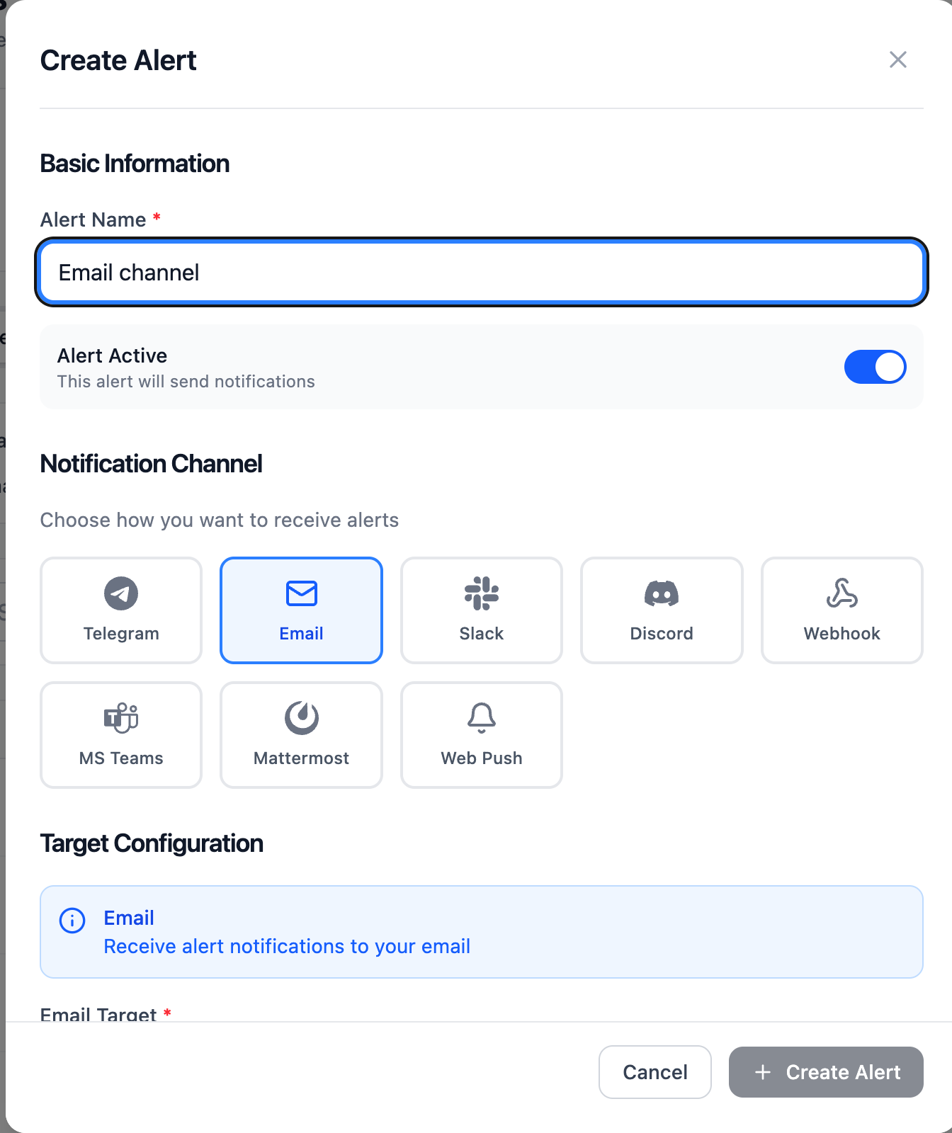 Alert configuration with multiple channels