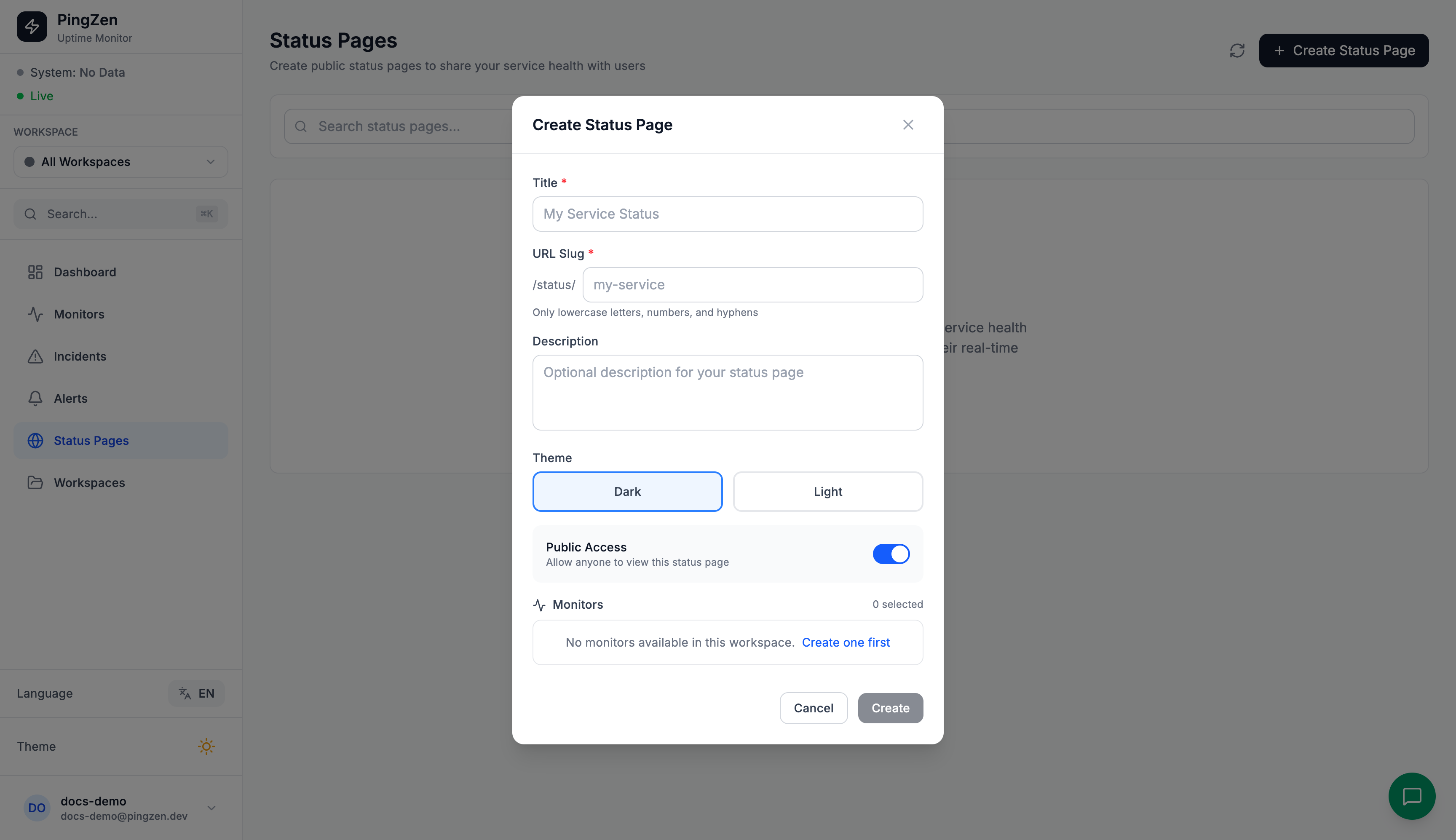 Status page creation form
